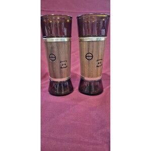 2 Vintage Siesta Ware MCM Amber With Wood Trim Glasses Tiki Bar Brown Gold Tone